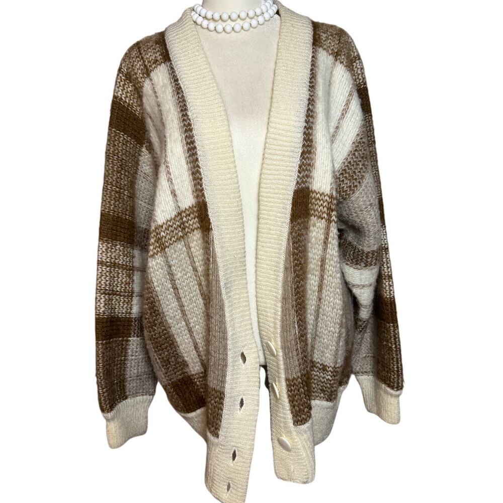 Personal Vintage Fuzzy Thick Plaid Cardigan Sweater Size: Large
